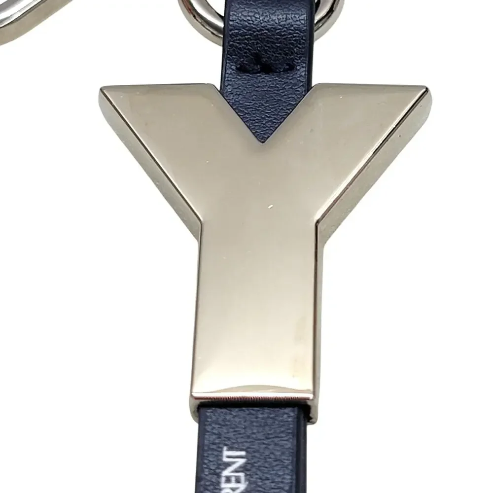 YSL Yves Saint Laurent Parfums Y Logo Silver Metal Leather Key Ring Bag Charm